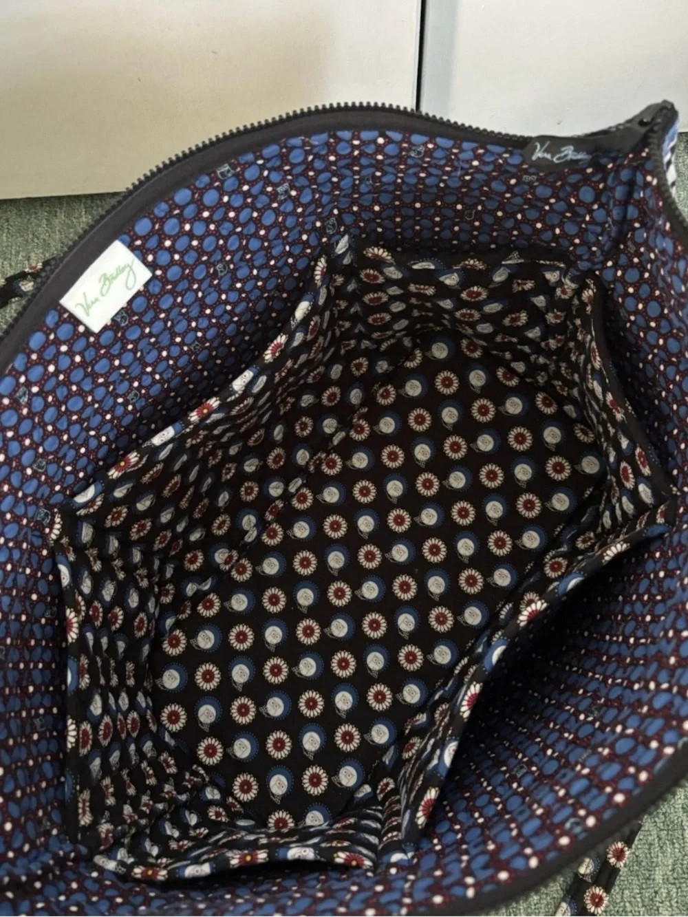 Vera Bradley Night Owl Large Zipper Top Tote with 6 Interior Pockets All Around